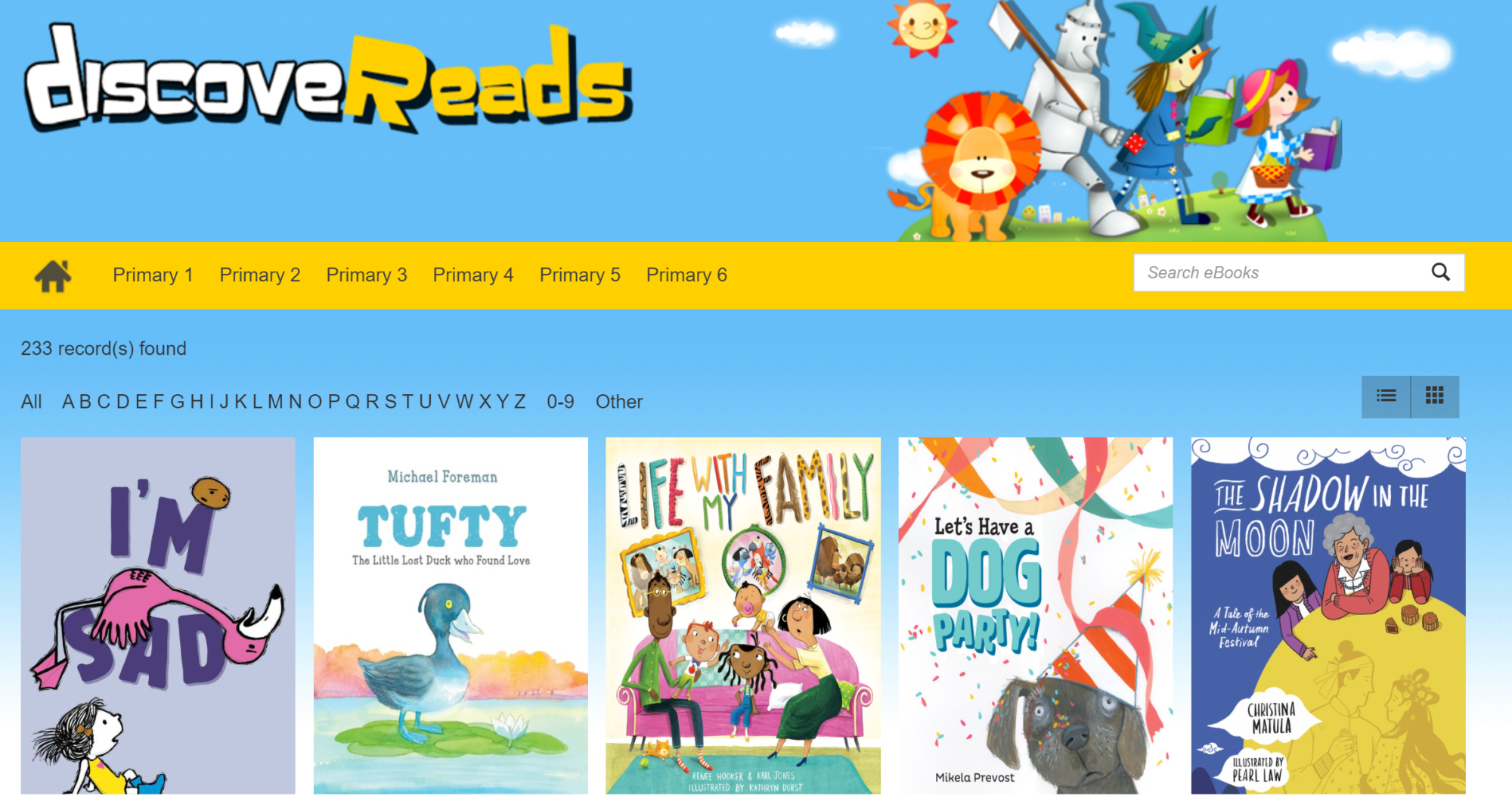 DiscoverReads children's ebook website showing five colorful book covers with Primary 1 through 6 navigation tabs.